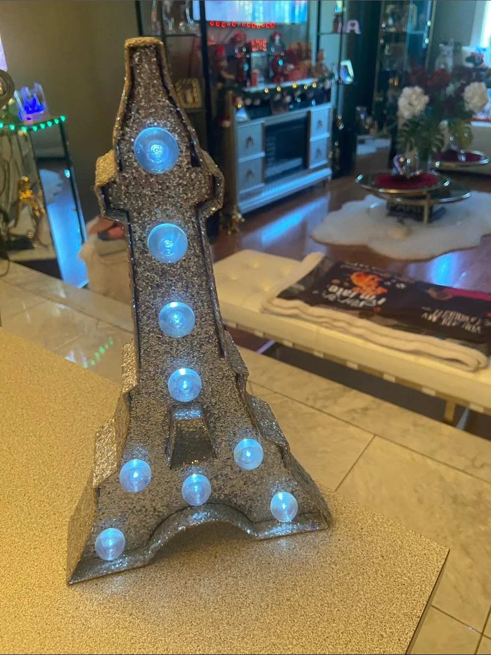 Glitter Eiffel Tower LED Decor - Silver with Blue Lights